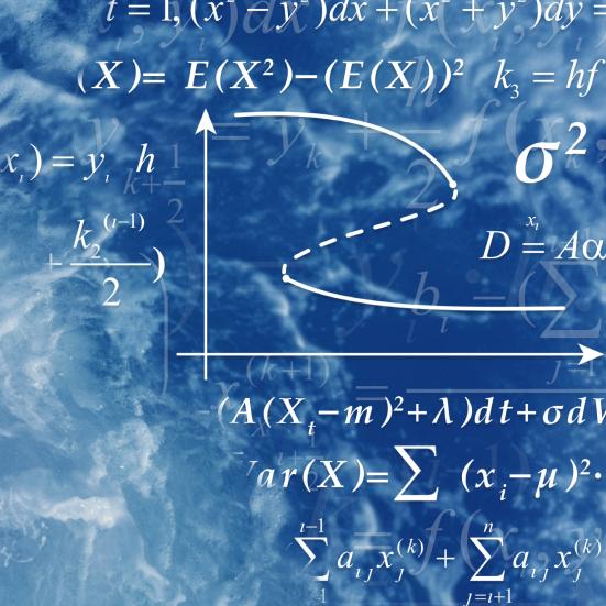 Matematiske tegn på en baggrund af blå vand med hvidt skum.