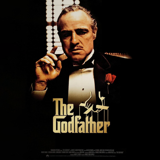 Filmplakat med Marlon Brando som The Godfather.