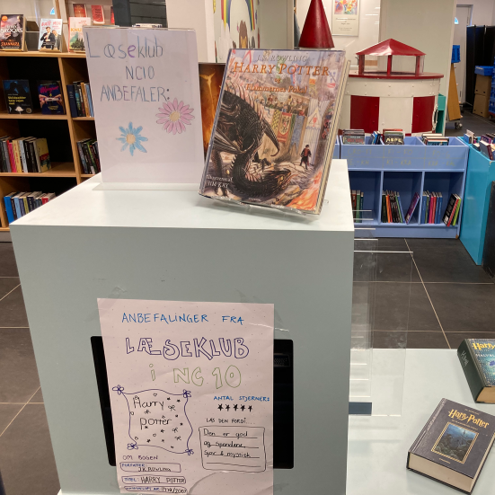 "Foto af udstilling med anbefalede bøger på Nørremarken Bibliotek"