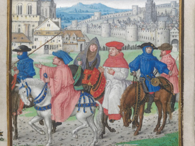 Afbildning af pilgrimme på rejse i 1400-tallet.