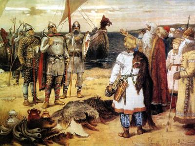 Maleriet Vikinger i øst - Ruriks ankomst i Ladoga af Viktor Vasnetsov.