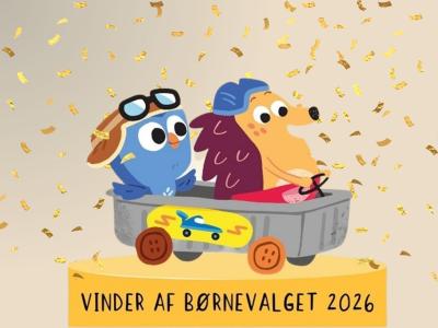 To animerede figurer - hvor den ene er Børste - sidder i en lille legetøjsbil med konfetti i baggrunden.