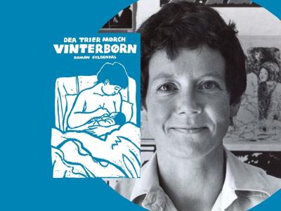 Bogcoveret "Vinterbørn" ved siden af et sort-hvidt portræt af Dea Trier Mørch, fotograferet af Gregers Nielsen, Gyldendals Billedbibliotek