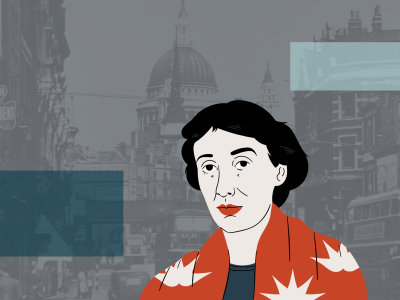 Billedet viser en tegning af Virginia Woolf og London i baggrunden