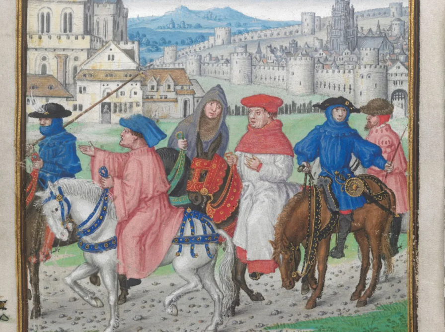 Afbildning af pilgrimme på rejse i 1400-tallet.
